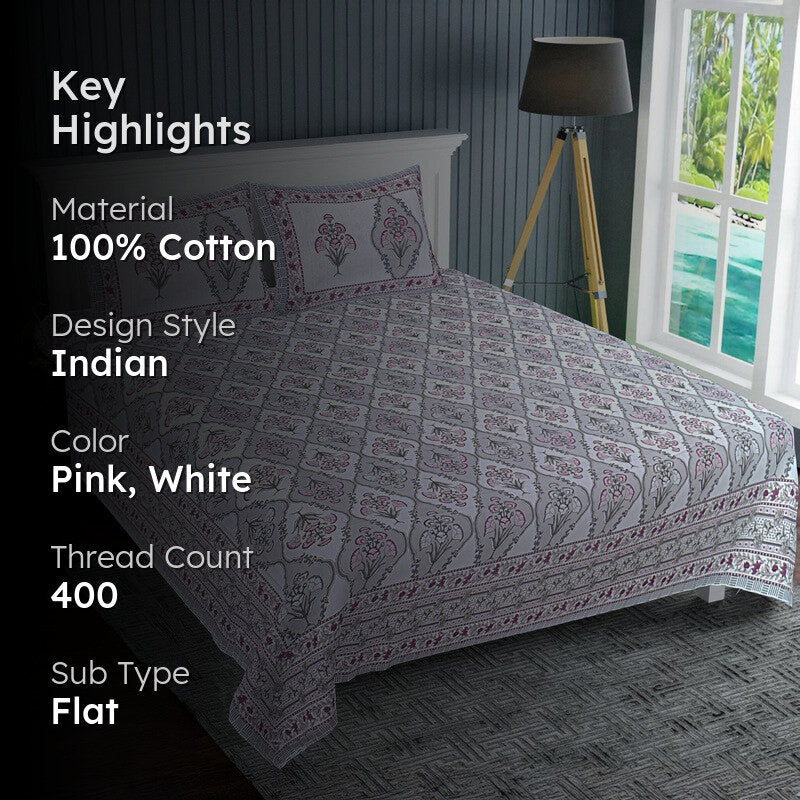 ParamparaBloom Handblock Printed Cotton Bedsheet (Pink) - 400 TC media 2