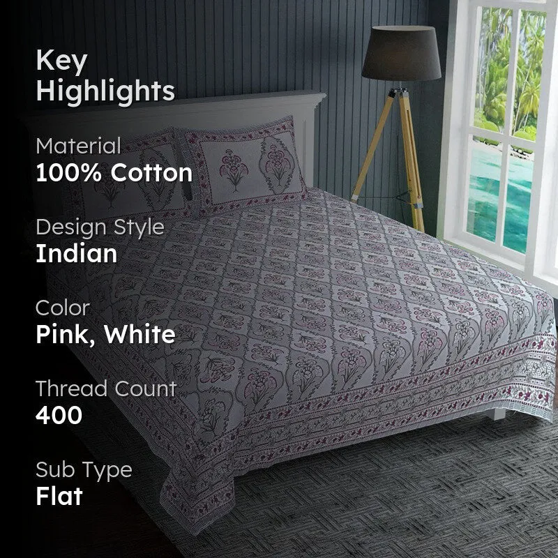 ParamparaBloom Handblock Printed Cotton Bedsheet (Pink) - 400 TC media 2