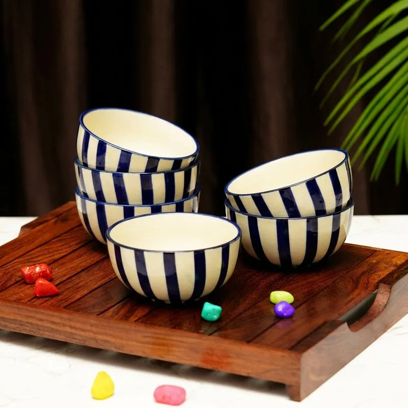 Crafted Ceramic Snack Bowls (Blue,White, 200 mL Each) - Set Of Six media 1
