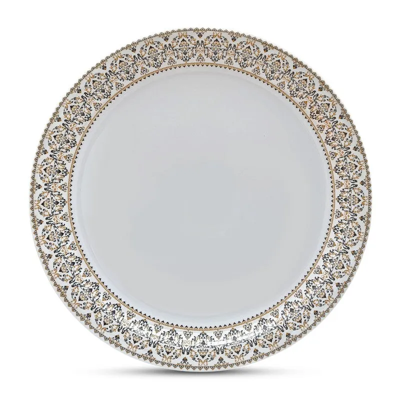 Single round white dinner plate with an ornate gold and grey patterned rim