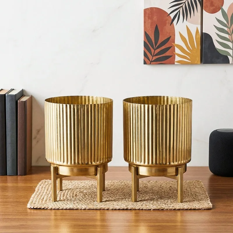 Royale Golden Metal Fluted Planter - Set Of Two media 1