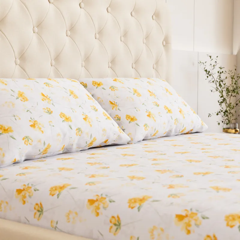 Leaflet Floral Cotton Bedsheet (Yellow) - 180 TC media 1