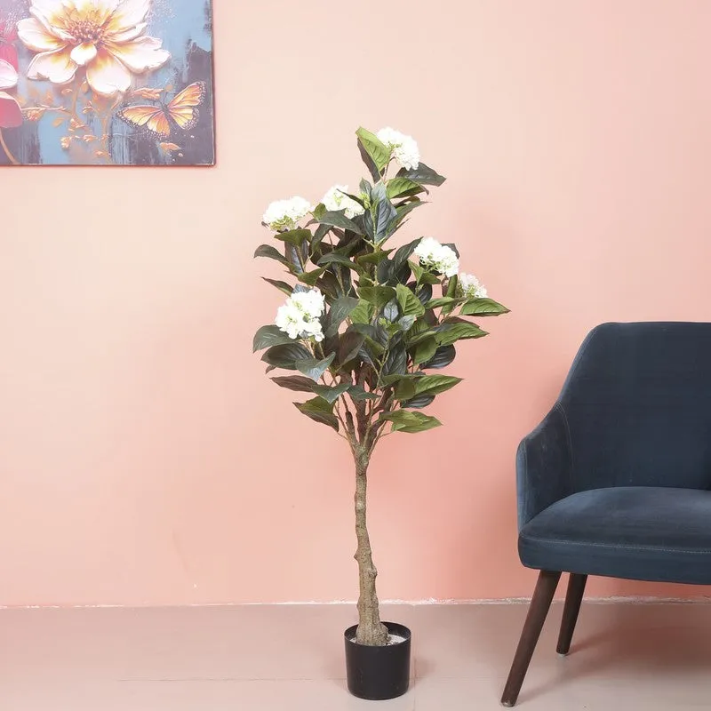 Chic Hydrangea Faux Artificial Plant With Black Plastic Pot - White media 3