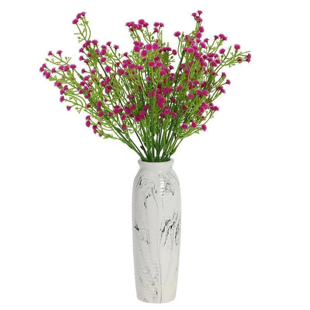 Dark pink faux gypsophila flowers and green stems arranged in a white vase