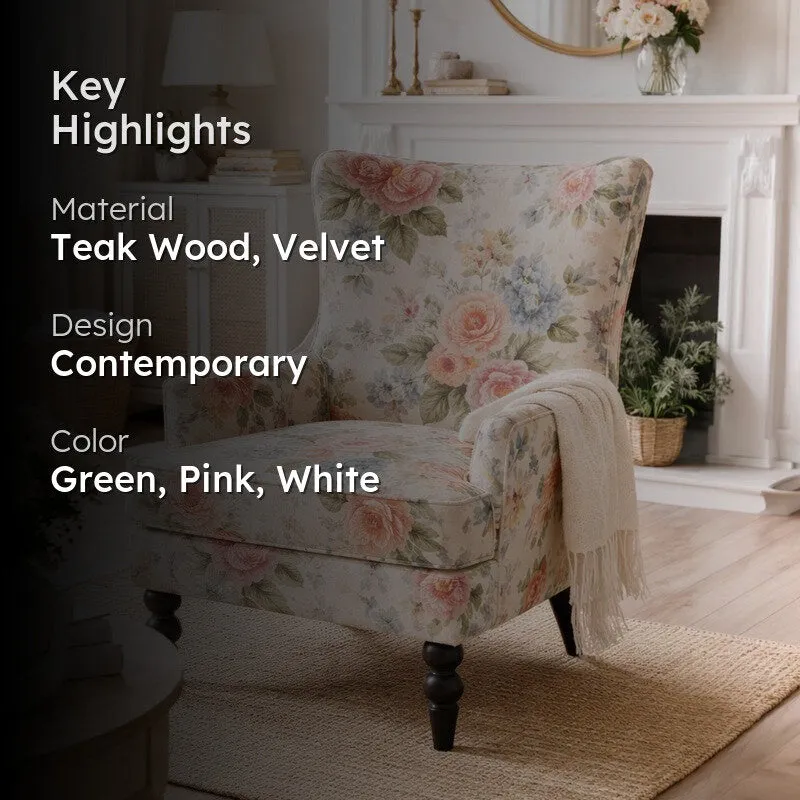Heritage Pink Floral Teak Wood & Velvet Lounge Chair media 2