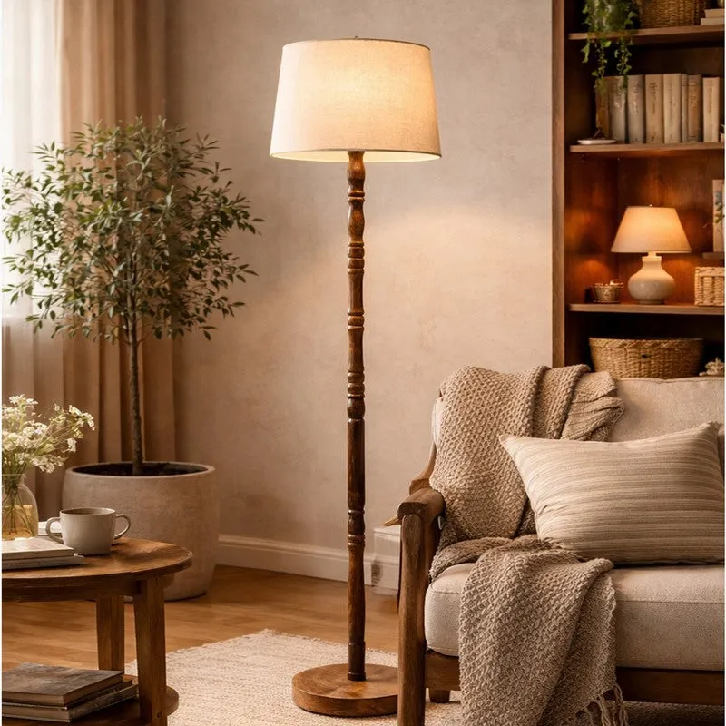 Heritage Turned Wooden Floor Lamp - Ivory & Brown media 1