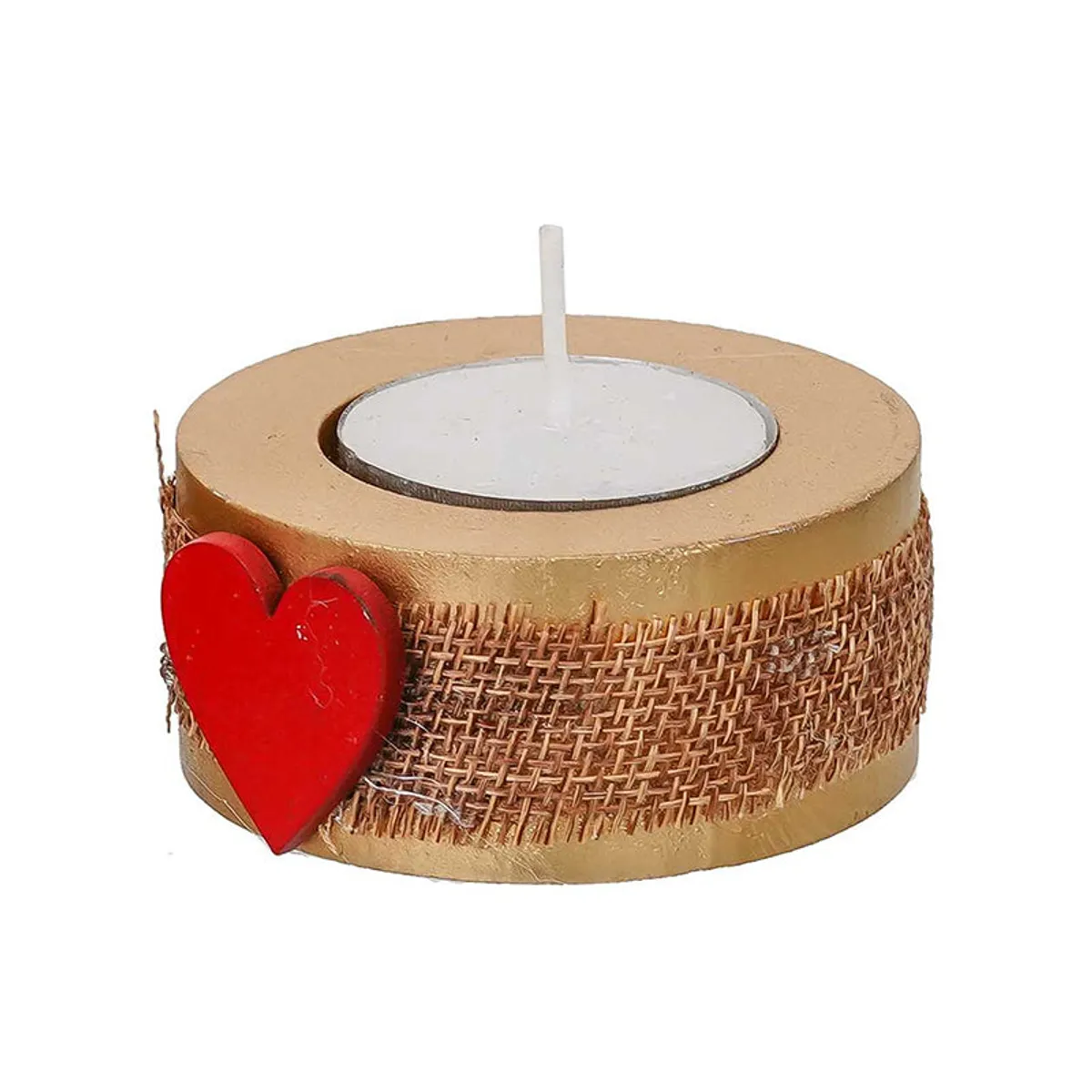 Side view of a tea light holder with a textured brown band and red heart