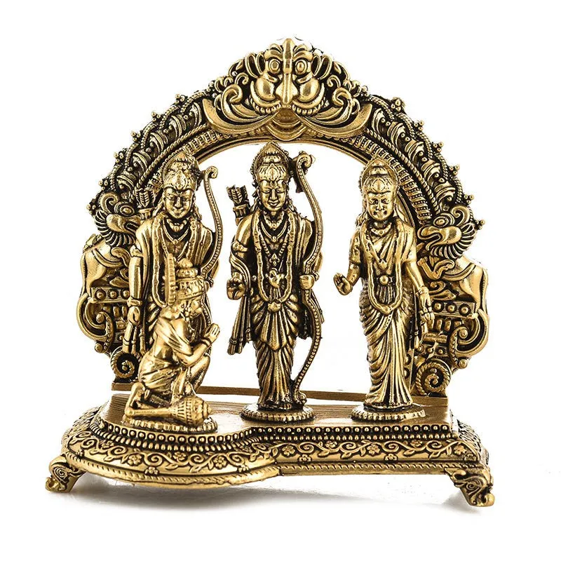 Studio front view of the gold-toned brass Ram Darbar idol with detailed arch