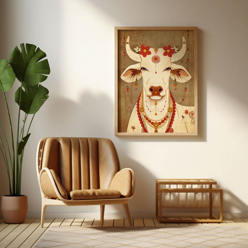 Sacred Cow Folk Art Canvas Wall Painting With Brown Frame