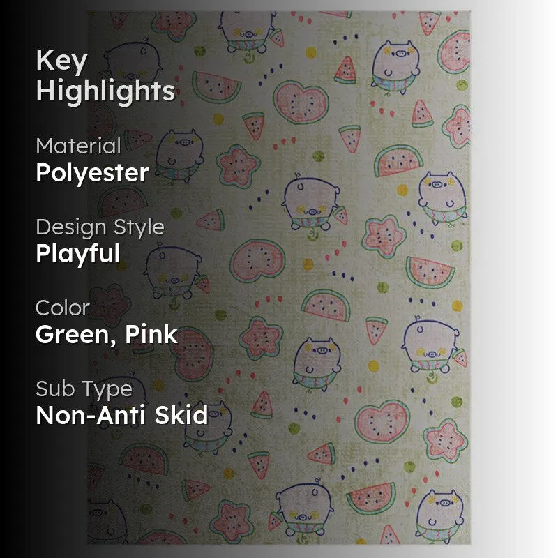Product highlight image of the kids carpet with playful pig and fruit pattern