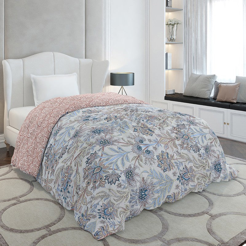 Monte Carlo Velbloom Floral Peach & Polyester Reversible Comforter (Grey) - 120 GSM - Single
