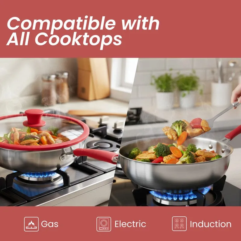 Frying pan shown on gas, electric and induction cooktops.