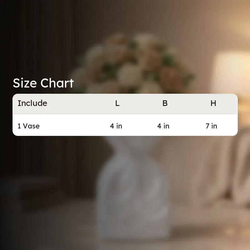 Blurred room scene with a white sculptural vase behind a size chart graphic