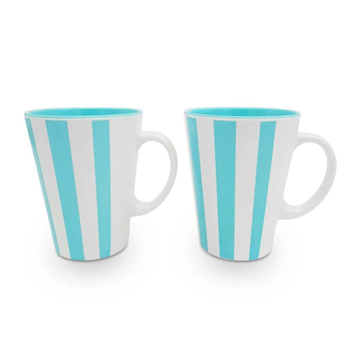 Two aqua-and-white striped coffee mugs shown against a white background
