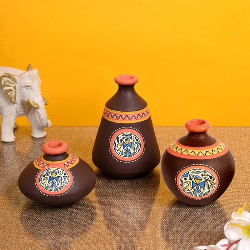 Thalissa Tribal Terracotta Vase - Set Of Three media 1