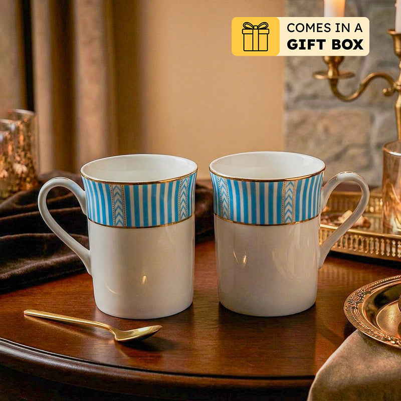 Stripe Classic 24k Gold Brushed Porcelain Coffee Mug (Blue/300 mL Each) - Set Of Six