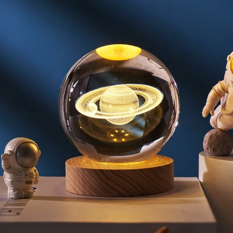 Crystal Ball Saturn Led Wooden Table Lamp - Brown,Transparent media 1