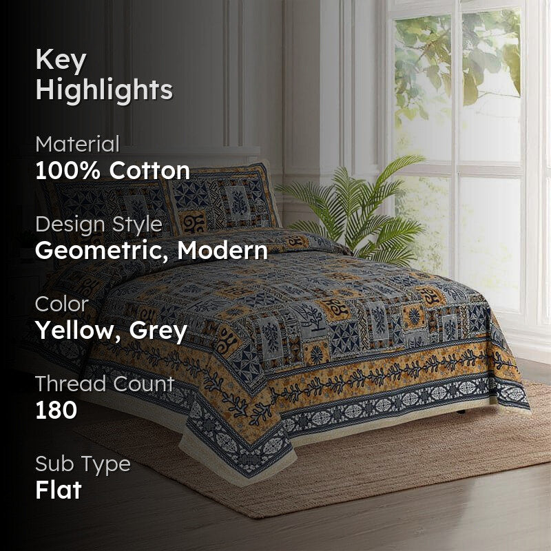 Tvisha Tribal Applique Print Cotton Bedsheet (Yellow,Grey) - 180 TC media 2