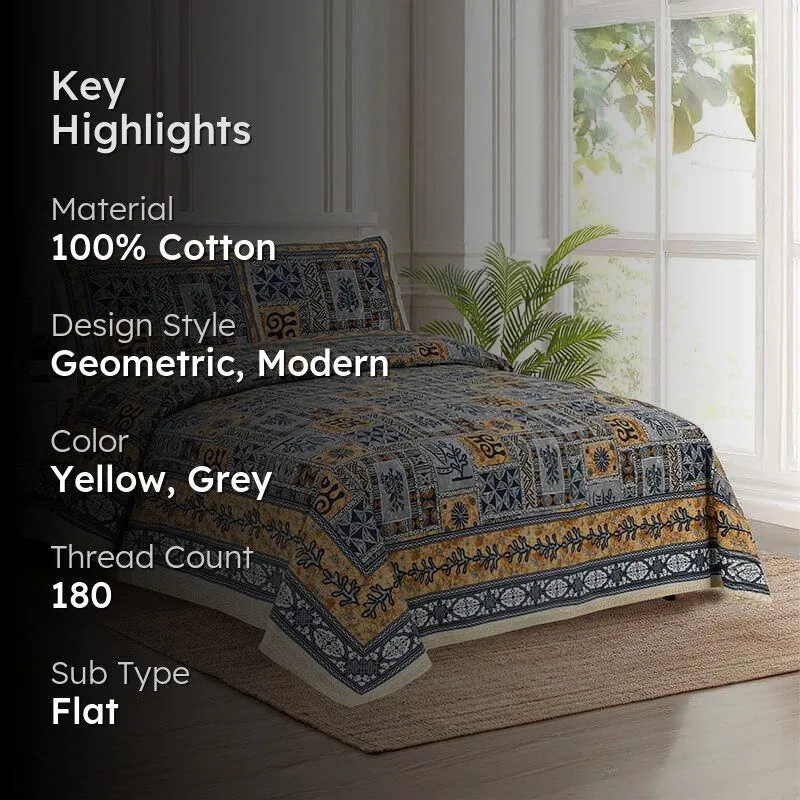 Tvisha Tribal Applique Print Cotton Bedsheet (Yellow,Grey) - 180 TC media 2