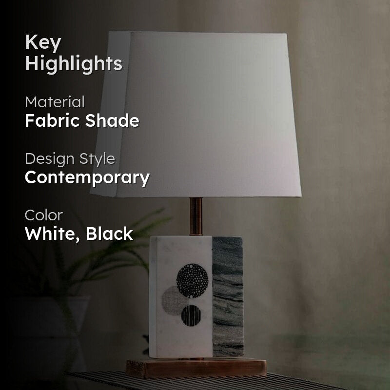 Blaze Printed Fabric Table Lamp With Marble & Copper Base - White,Black media 2