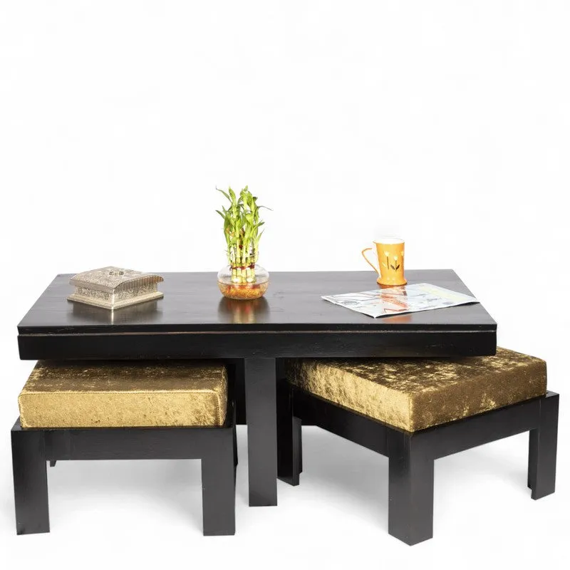 Drexon Sheesham Wooden Center Table with Stools (Black,Gold) - Five Piece Set media 3