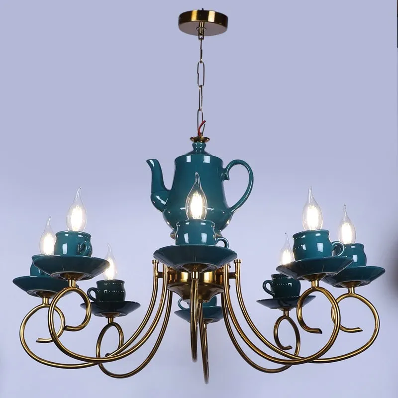 Artistic Teapot Iron Chandelier - Blue & Gold media 6