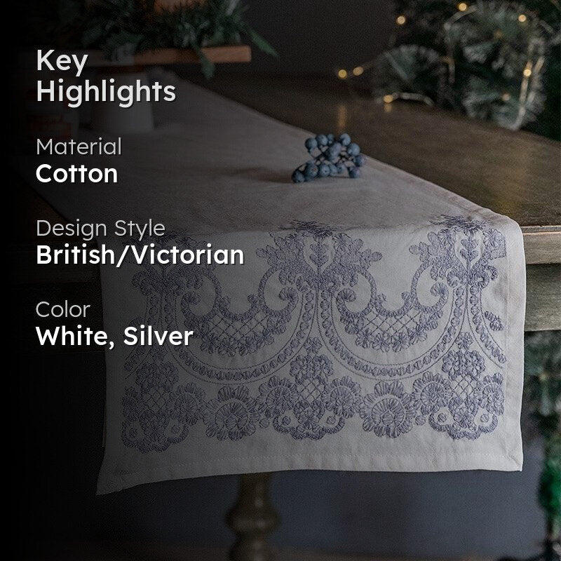 Threaded Blossom Embroidered Cotton Table Runner - Blue media 2