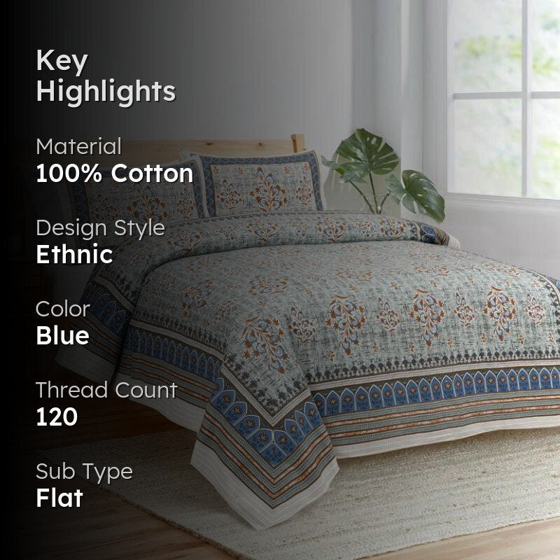 Floral Kaleidoscope Cotton Bedsheet (Blue) - 120 TC media 2
