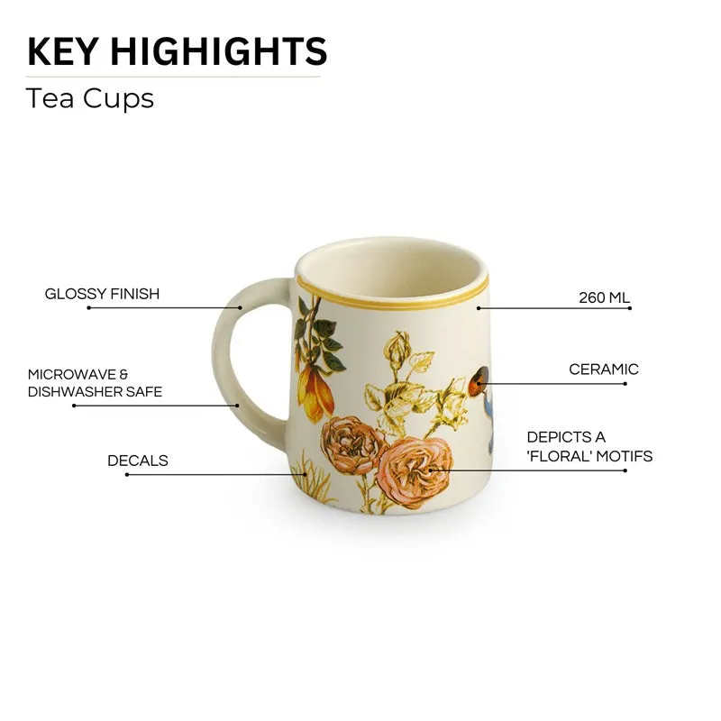 Single floral tea cup with printed highlight callouts