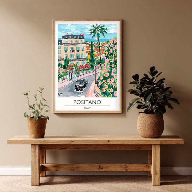 Vintage Positano Framed Canvas Archival Canvas Wall Painting - Natural Brown Frame