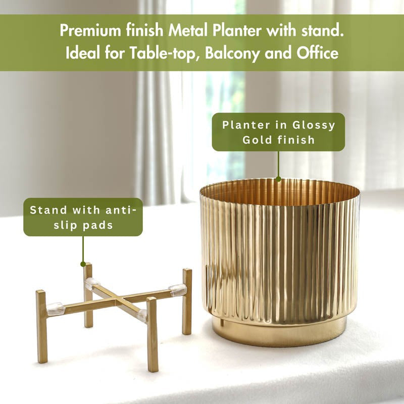 Royale Golden Metal Fluted Planter - Set Of Two media 5