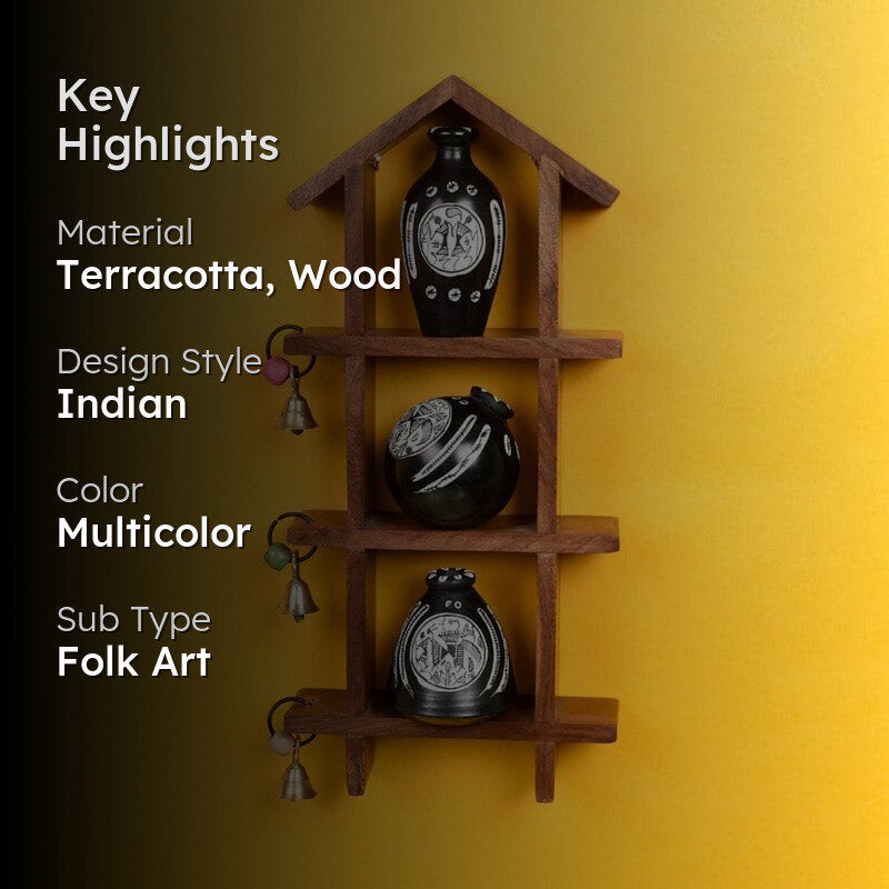 Home Charm Wooden Wall Shelf With Black Pot - Set Of Four media 2