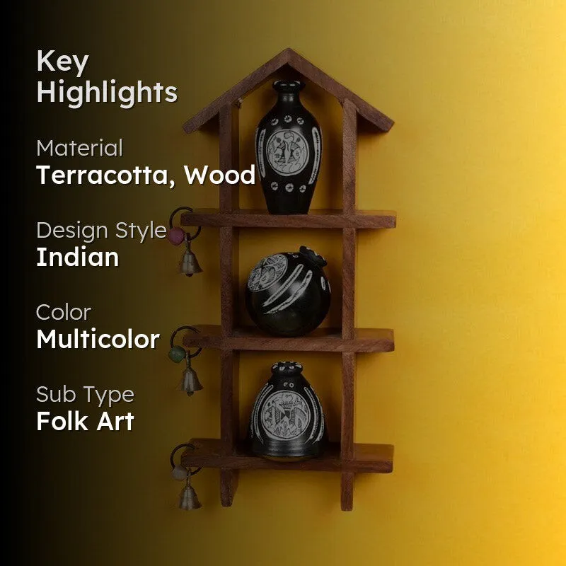 Home Charm Wooden Wall Shelf With Black Pot - Set Of Four media 2