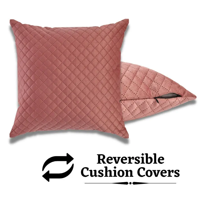 Pink diamond-quilted cushion covers showing the zip closure