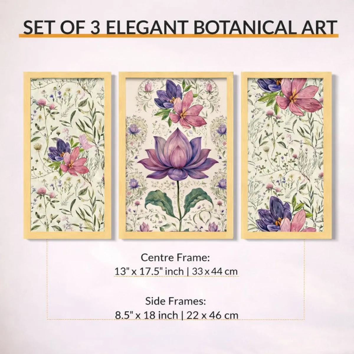 Set of three framed botanical floral artworks displayed against a pale wall.