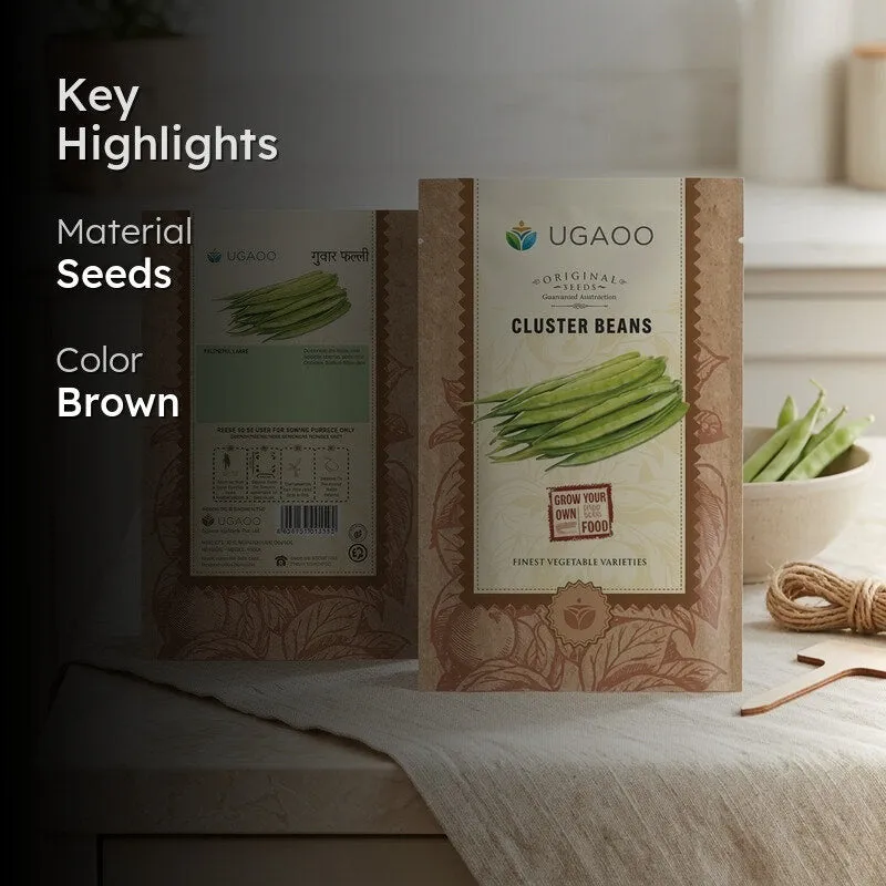 Highlight graphic showing cluster beans seed packet with brown colour callout