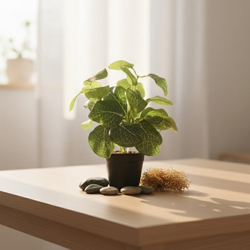 Artificial Fittonia Leaf Plant With Black Fiber Pot - 0.9 Feet media 5
