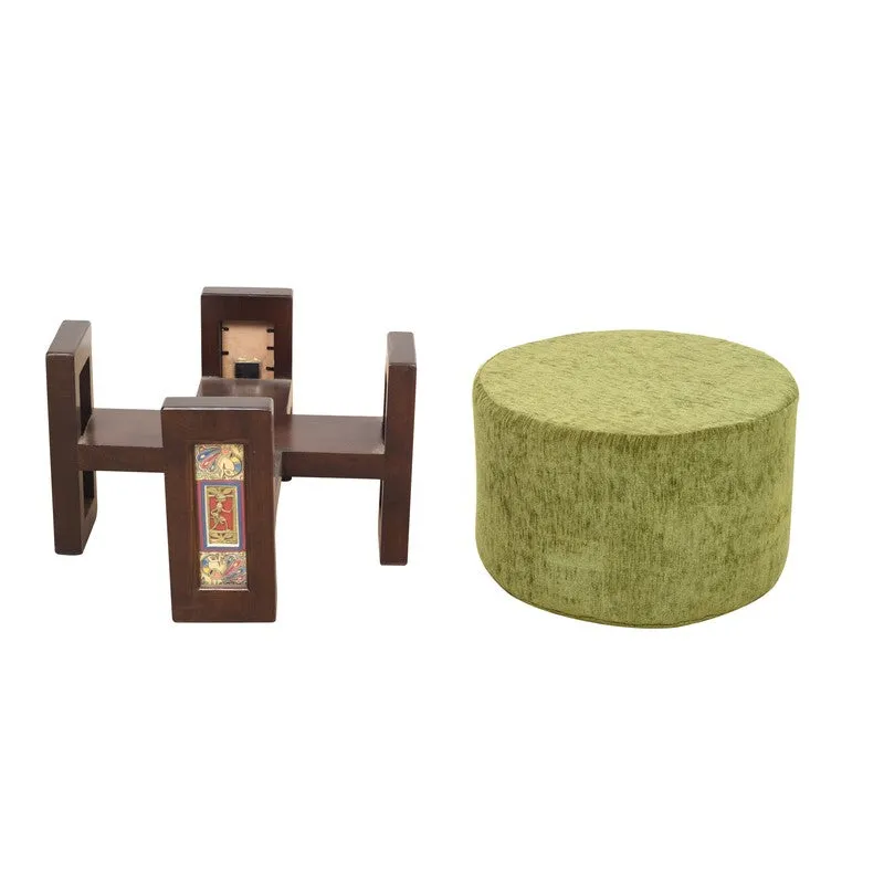 Suede Teak Wood Pouffe - Green media 5