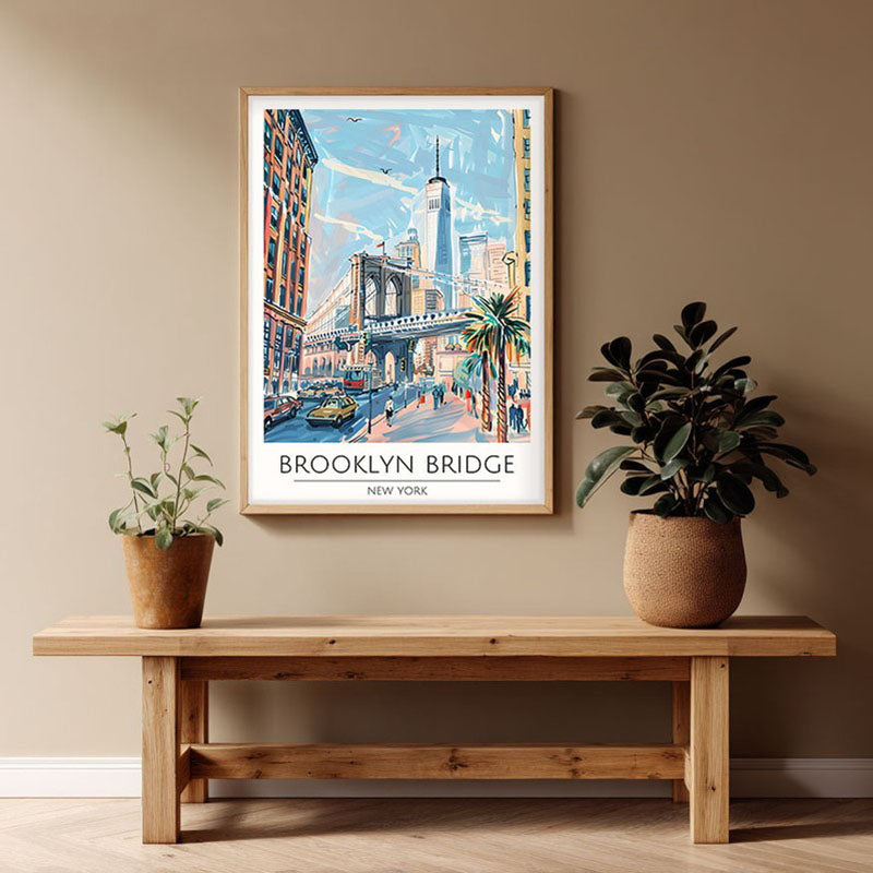 Vintage Brooklyn Bridge Framed Canvas Archival Canvas Wall Painting - Natural Brown Frame