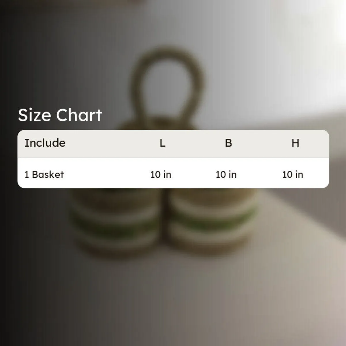 Storage basket size chart showing one basket measuring about 10 inches
