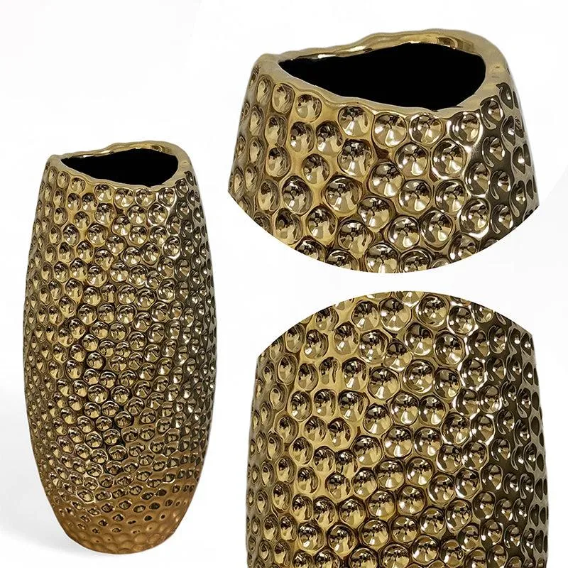 Rain Ridge Textured Ceramic Vase (Gold) - Large media 4
