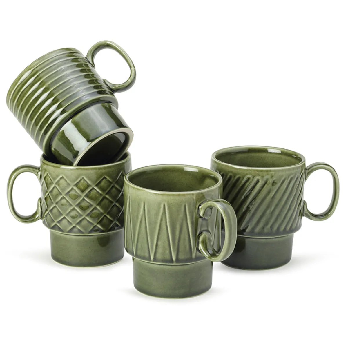 Four moss green textured ceramic mugs arranged together on a white background
