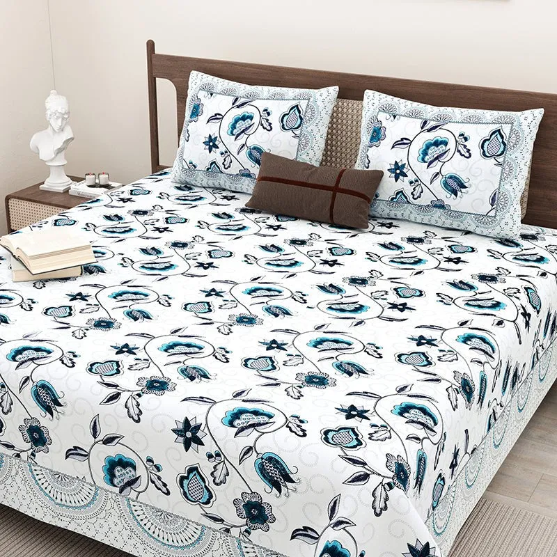 Aishaani Ethnic Cotton Bedsheet (White,Blue) - 180 TC media 4