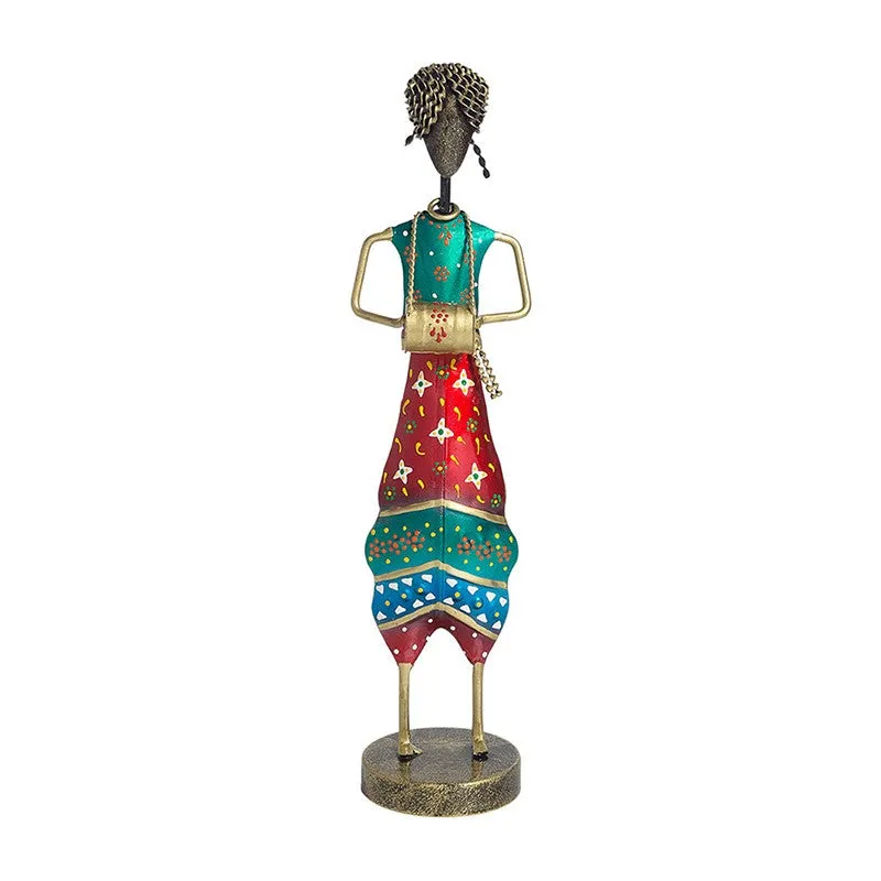 Folk Lady Dholak Player Iron Showpiece - Red,Green media 3