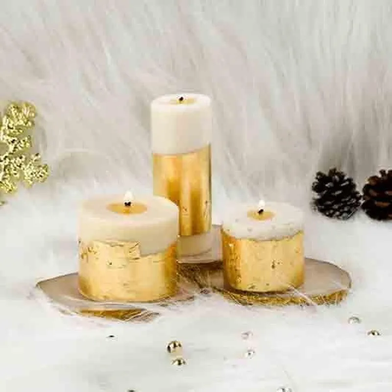 Joy - Set of 3 White Gold Pillar Candles - Cinnamon Roll Scented media 3