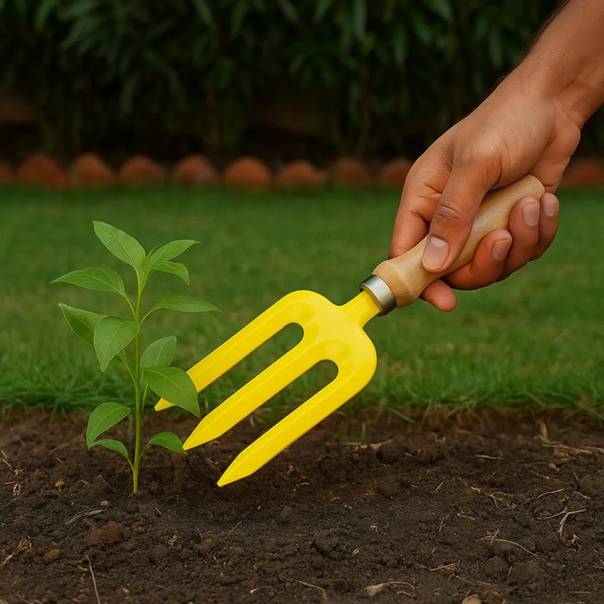 Hand using a yellow garden fork beside a young plant