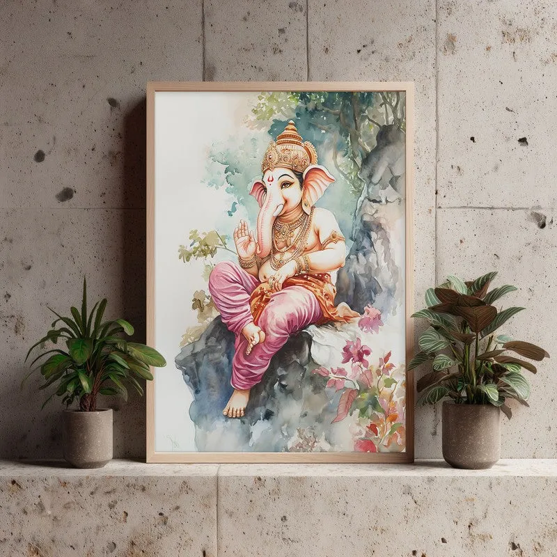 Vighnaharta's Blessing Spiritual Archival Paper Wall Painting - Natural Brown Frame media 3