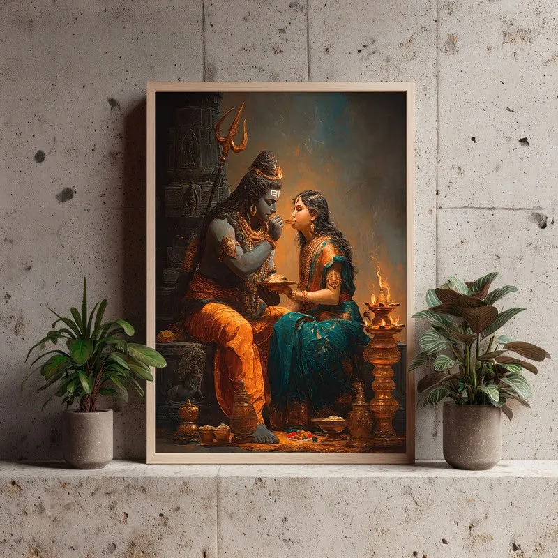 Divine Couple Mahadev and Parvati Blissful Archival Paper Wall Art - Natural Brown Frame media 3
