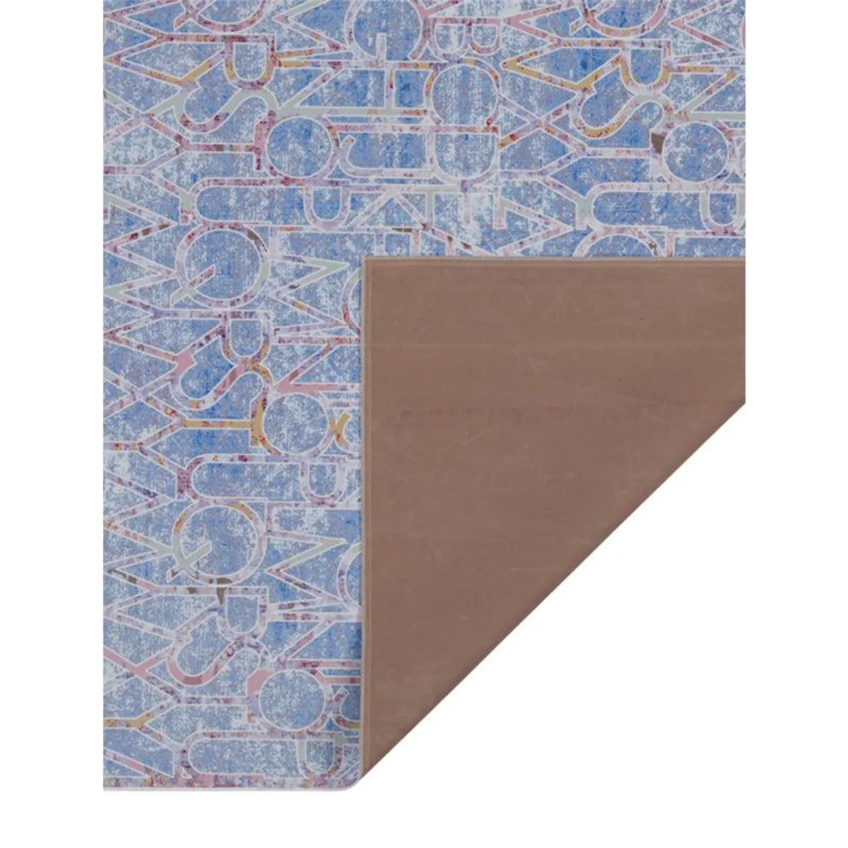 Blue alphabet carpet showing its repeated letter pattern and rectangular layout.