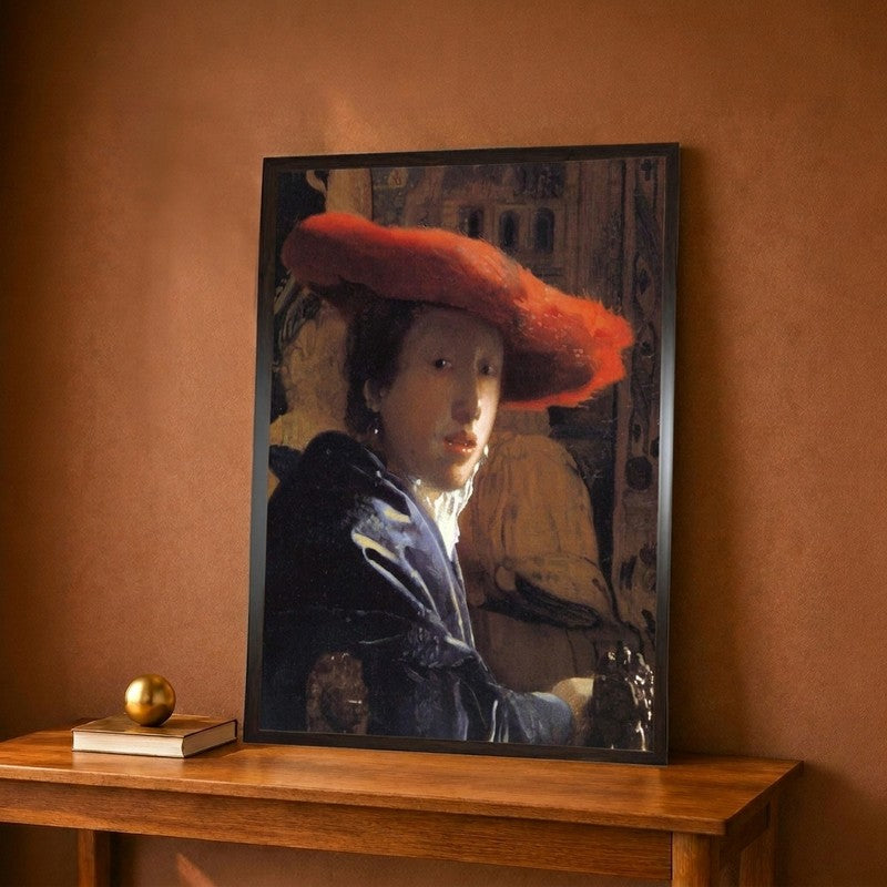 Girl with a Red Hat, C.1665 Canvas Wall Painting - 9 x 12 Inches